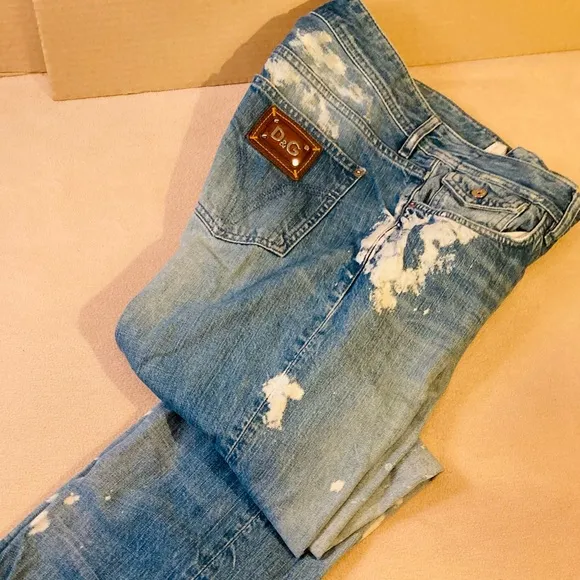 Dolce & Gabanna mens slim fit cotton jeans, designer discoloration,distressing