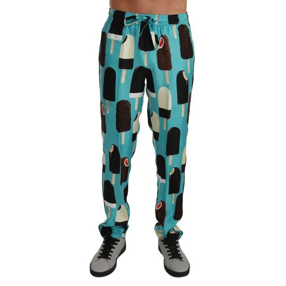 Dolce & Gabbana Blue Silk Ice Cream Print Lounge Men's Pants
          
      NWT