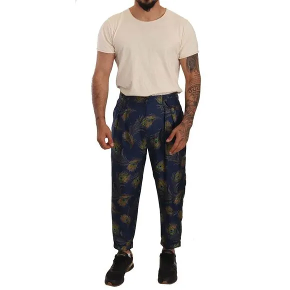 Dolce & Gabbana Blue Peacock Print Tapered Trousers Silk Men's Pants
          
      NWT