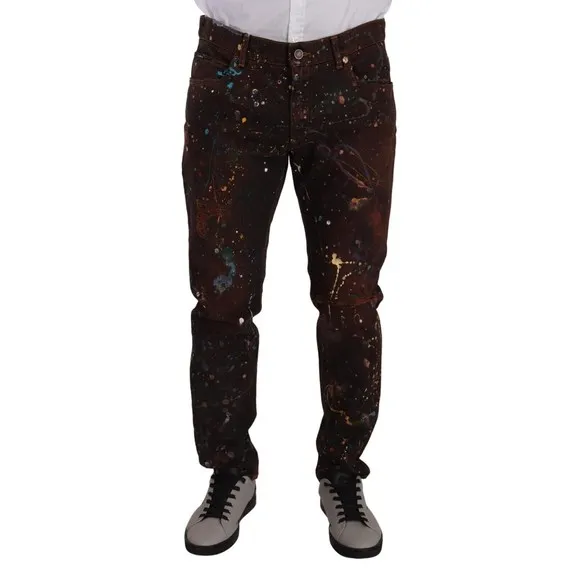 Dolce & Gabbana Men's Brown Splash Color Cotton Regular Denim Jeans, Size XL
          
      NWT