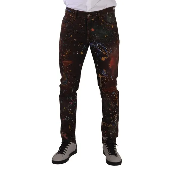 Dolce & Gabbana Men Brown Color Splash Cotton Regular Denim Jeans, Size IT48 | M
          
      NWT