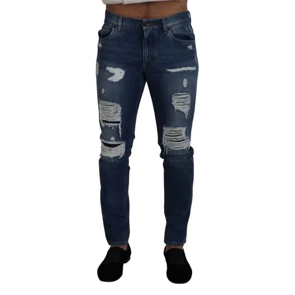 Dolce & Gabbana Blue Cotton Tattered Slim Fit Denim Jeans
          
      NWT