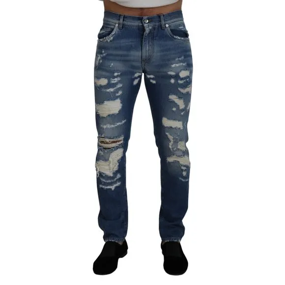 Dolce & Gabbana Blue Washed Cotton Tattered Denim Jeans
          
      NWT