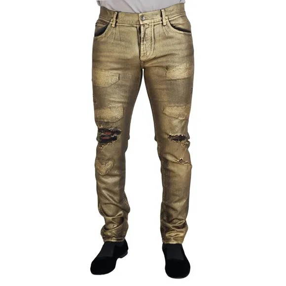 Dolce & Gabbana Gold Cotton Tattered Skinny Men Denim Jeans
          
      NWT