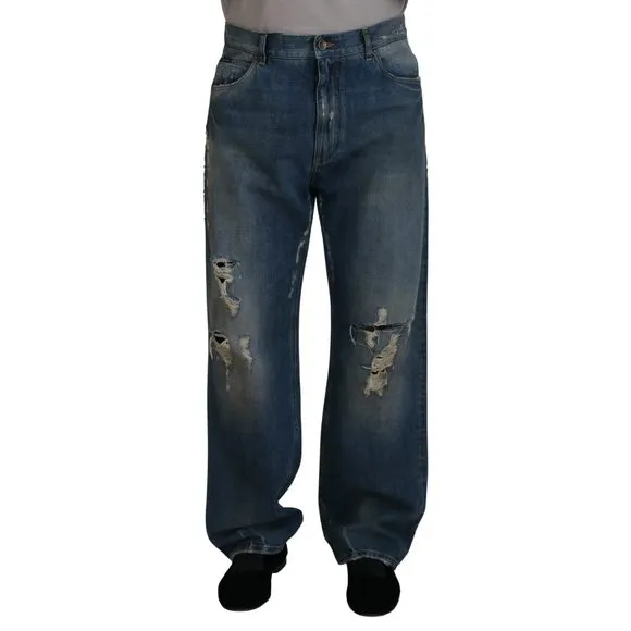Dolce & Gabbana Blue Cotton Tattered Straight Fit Denim Jeans
          
      NWT