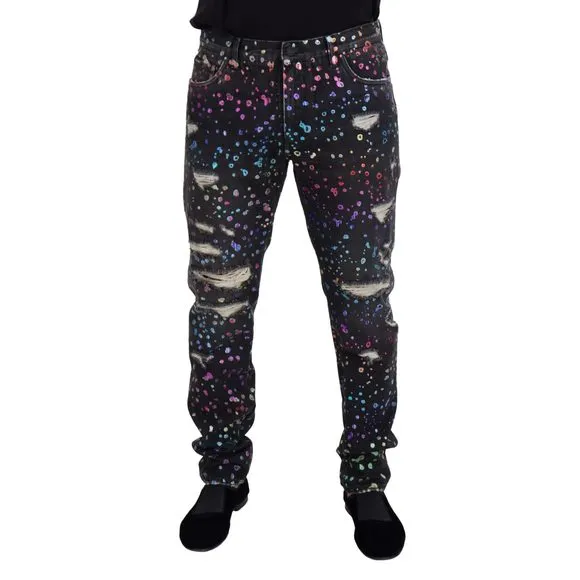 Dolce & Gabbana Black Multicolor Print Tattered Denim Jeans
          
      NWT