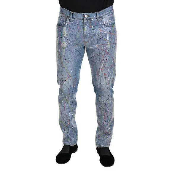 Dolce & Gabbana Blue Cotton Color Splash Print Denim Jeans
          
      NWT