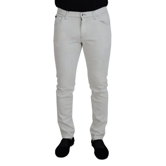 Dolce & Gabbana White Cotton Tattered Slim Fit Denim Jeans
          
      NWT