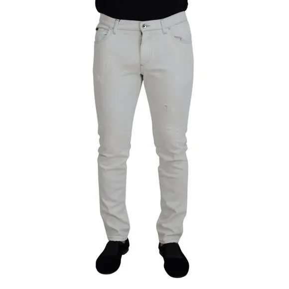 Dolce & Gabbana White Cotton Tattered Slim Fit Denim Men's Jeans
          
      NWT