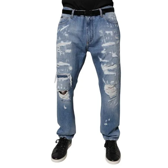 Dolce & Gabbana Blue Tattered Straight Cotton Denim Jeans
              
      NWT
