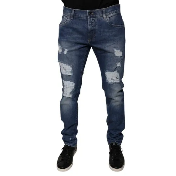 Dolce & Gabbana Blue Cotton Tattered Skinny Denim Jeans
              
      NWT