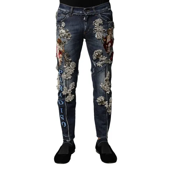 Dolce & Gabbana Blue Cotton Rhinestone Embellish Denim Jeans
              
      NWT