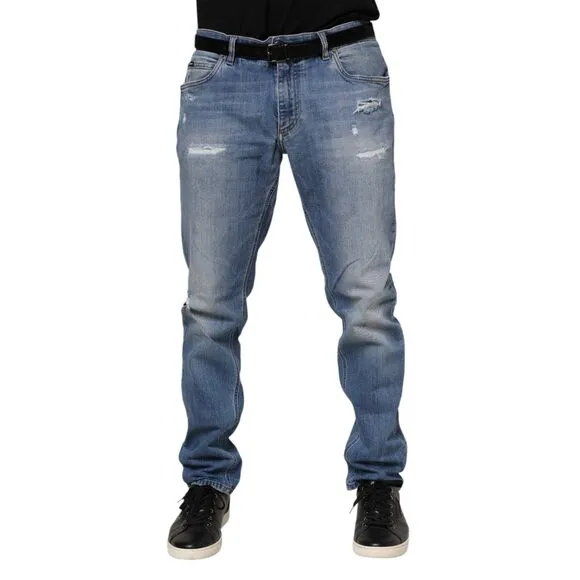 Dolce & Gabbana Blue Washed Tattered Logo Plaque Denim Jeans
              
      NWT