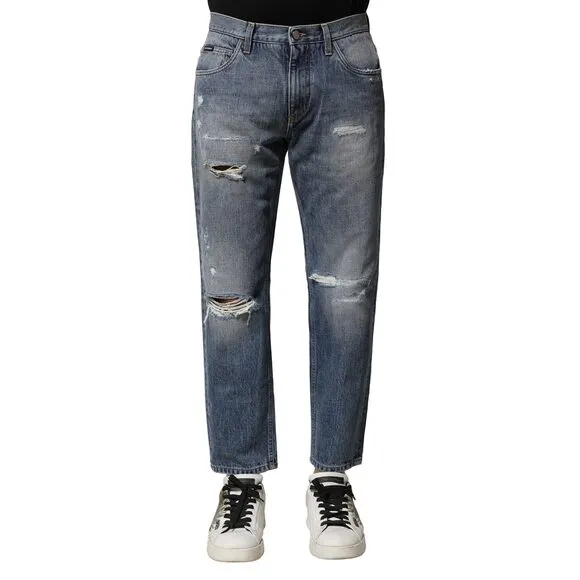 Dolce & Gabbana Blue Washed Tattered Straight Fit Denim Jeans
              
      NWT