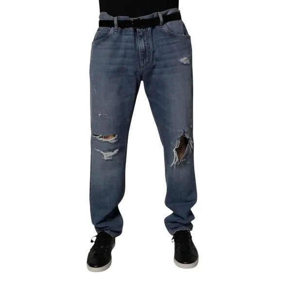 Dolce & Gabbana Blue Tattered Cotton Straight Denim Jeans
              
      NWT