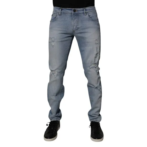 Dolce & Gabbana Blue Tattered Cotton Skinny Men Denim Jeans
              
      NWT