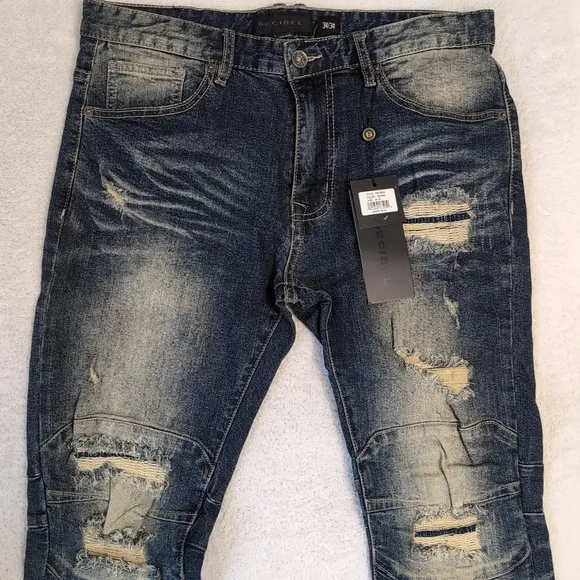 NEW Decibel mens jeans Bike Distressed Style FW19334 Blue Ripped Reinforced Knee
              
      NWT