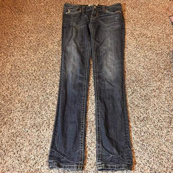 Mek Denim Mazatlan Cigarette Jeans Dark Wash Denim Embellished Pockets 27x34