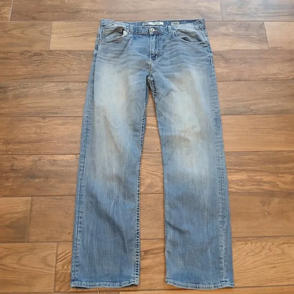 BKE Tyler Jeans Mens 36R (34x29) Blue Faded Whiskered Thick Stitch Western