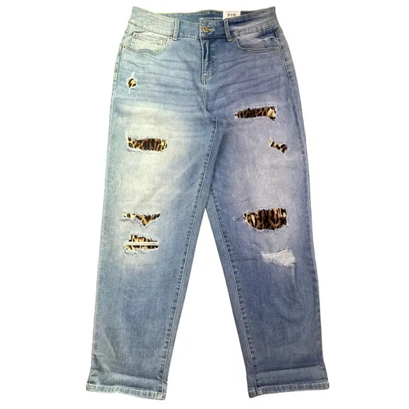 INC Denim Boyfriend Jeans Mid Rise Distressed Leopard Print Size 12/31 Grunge