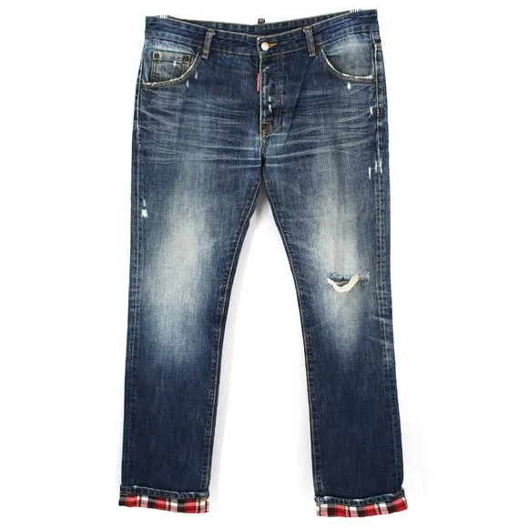 Dsquared 2 Distressed Blue Denim Straight Leg Jeans Plaid Trim Cuffs 54 Large