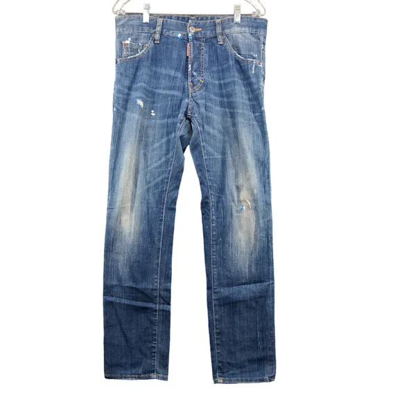 Dsquared2 Men's Straight Leg Jeans Blue Size 44 Distressed Button Fly Made Italy