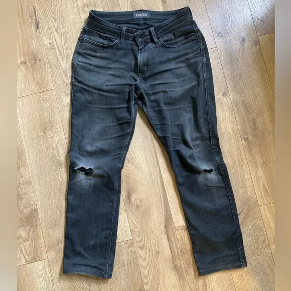 Well-worn black denim performance jeans