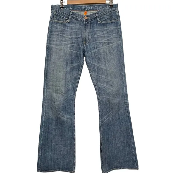 Men’s Earnest Sewn bootcut jeans, size tag reads 33, but please see measurements