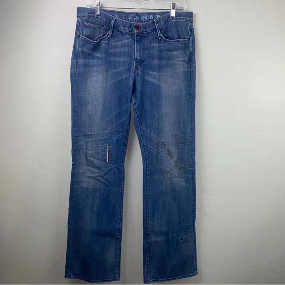 Earnest Sewn Mens Size 34 Medium Wash Denim Ripped Distressed Bootcut Jeans