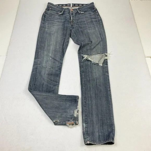 Earnest Sewn Mens Slim Straight Leg Jeans Blue Torn Ripped Button Fly Size 29 *