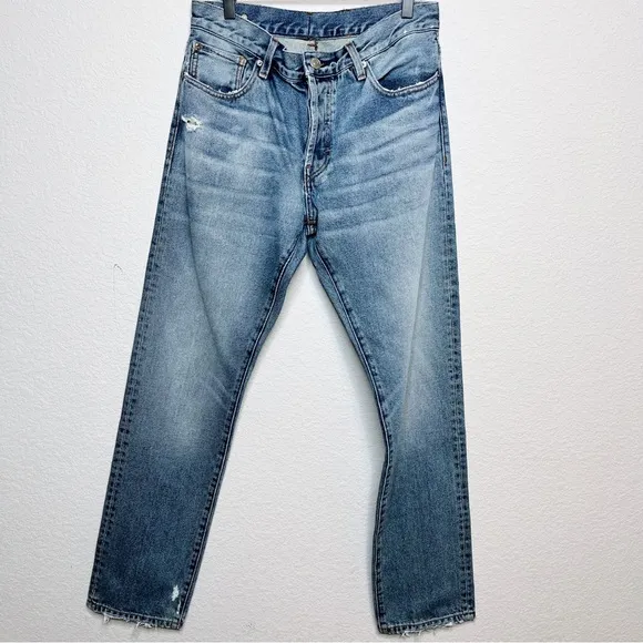 Earnest Sewn Men's Denim Jeans 28x30 Distressed Button Fly Medium Wash Rigid