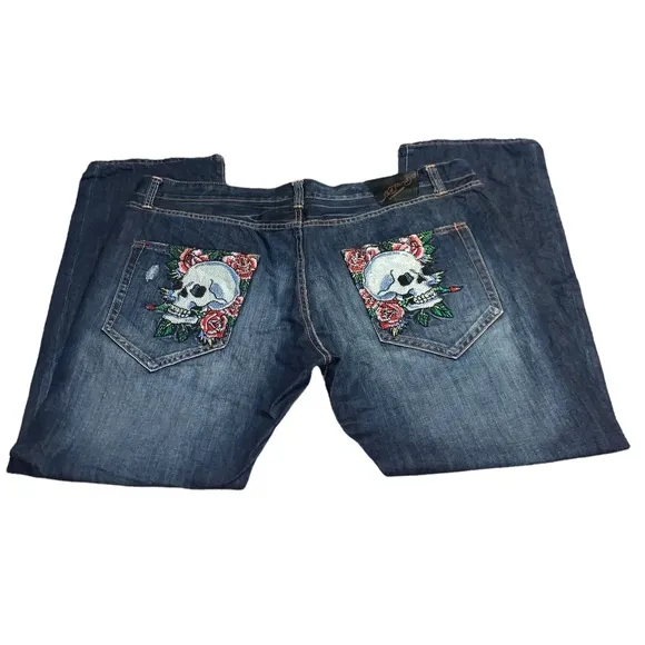 Ed Hardy Christian Audigier Men’s Skull Roses Bedazzled Button Fly Jeans