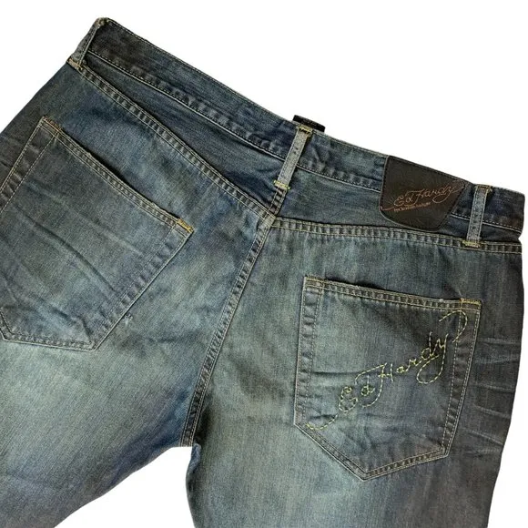 Ed Hardy Mens Jeans Tag 38X34 Actual W38xL31 Blue Dark Wash Tapered Embr…