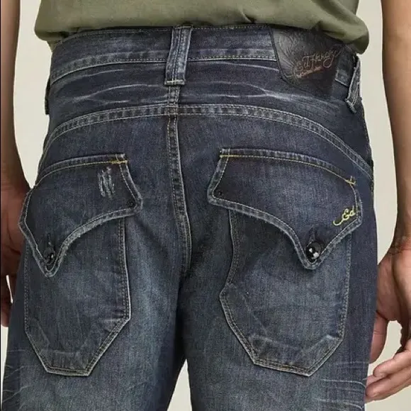 Ed Hardy Jeans Loose Relaxed 38x32 Dark Wash Blue Flap Pockets Button Fly Biker