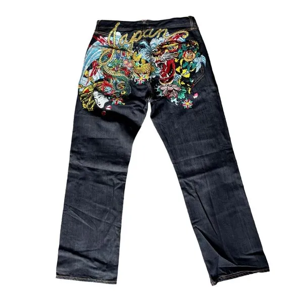 RARE Ed Hardy Dark Wash Japan Tiger Dragon Floral Tattoo Jeans Mens Size 36x34