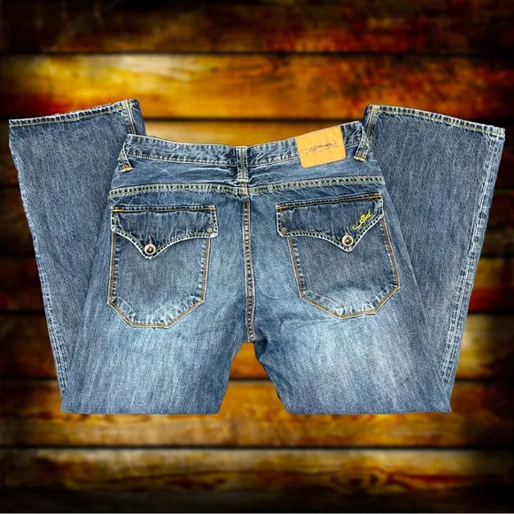 Ed Hardy Christian Audigier Mens Button Fly Distressed Denim Jeans Size 34x32