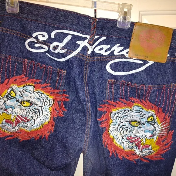 40x29 Tailored Ed Hardy Tiger Flame Embroidered Dark Blue Denim Jeans Excellent
