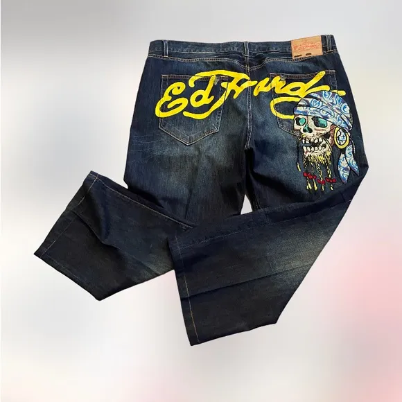 VTG Ed hardy pirate embroidered cursive back spellout NEOT jeans mens 48x34 nice