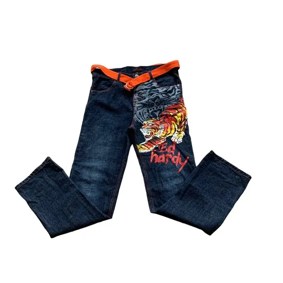 Ed Hardy Jeans Men’s Size 20 Embroidered Painted Tiger Dark Blue Denim Belted