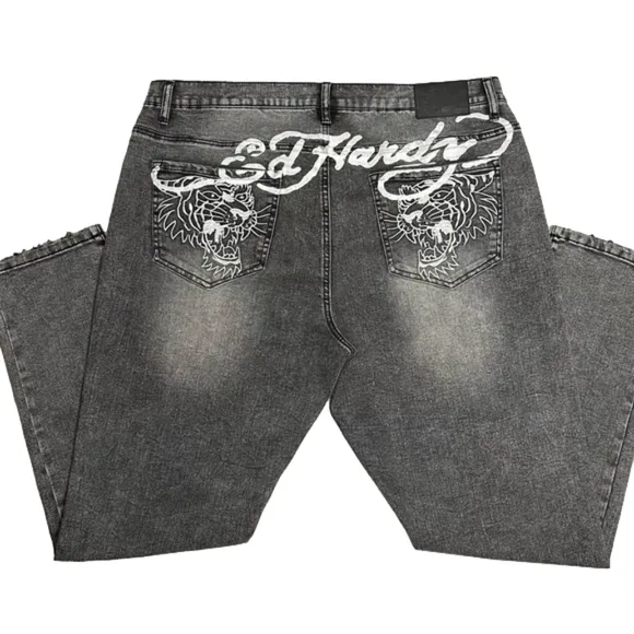 Ed Hardy Tiger Men's Jeans Slim Taper 39 x 31 Black/Grey Zipper-fly NWOT