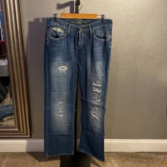 Men’s, EDUN, indigo, distressed designer denim.