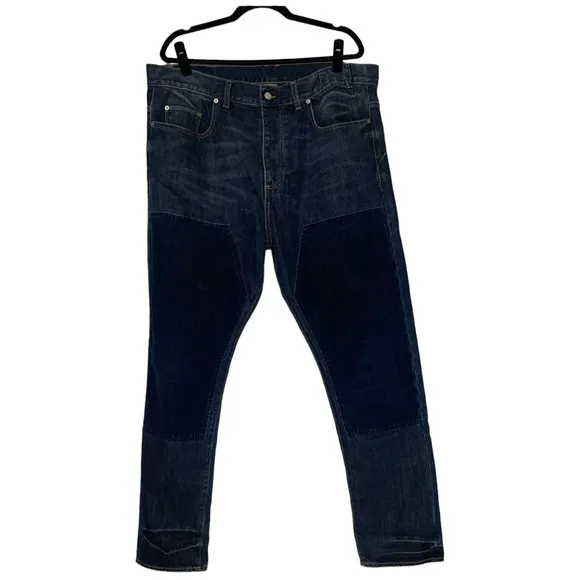 EDUN Jeans Mens Size 38 Corduroy Knee Patches Dark Wash Moto Denim Straight Leg