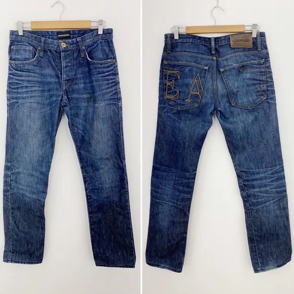 Emporio Armani Mens Blue Denim Johnny Slim Fit Low Rise Jeans Size 30