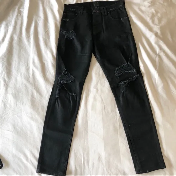 EN NOIR Mens Distressed Ripped Holes Black Denim