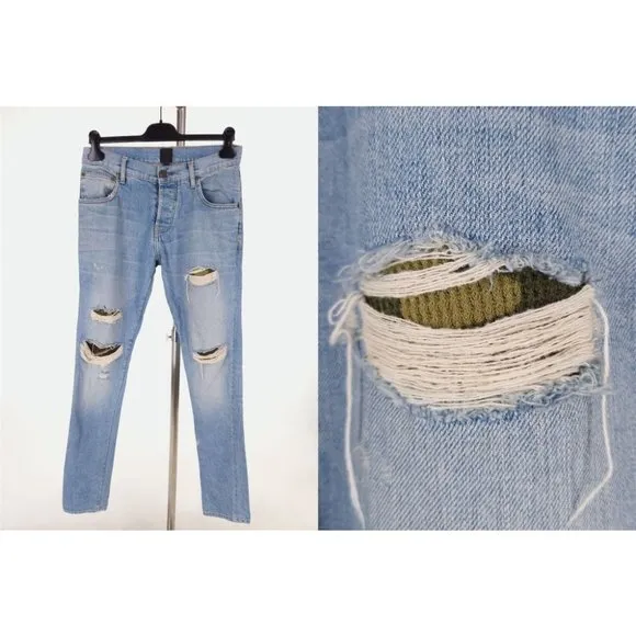 EN NOIR Mens 30 Cobain Denim Jeans Camo Underlays in Light Blue Wash