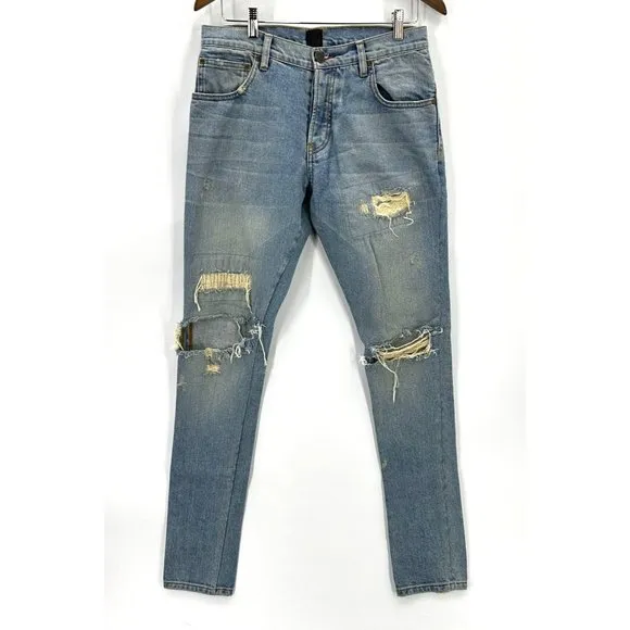 En Noir Jeans Mens Exposed Knee Distressed Slim Denim Pants Button Fly Blue 31