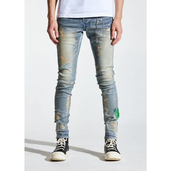En Noir Men's Paint Splatter Embroidered Distressed Skinny Fit Denim Jeans
              
      NWT