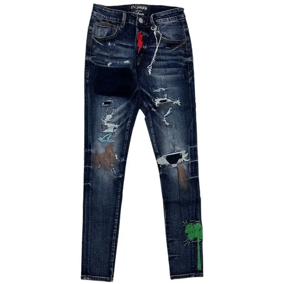 En Noir Men's Embroidered Detail Rip & Repair Distressed Skinny Fit Denim Jeans
              
      NWT