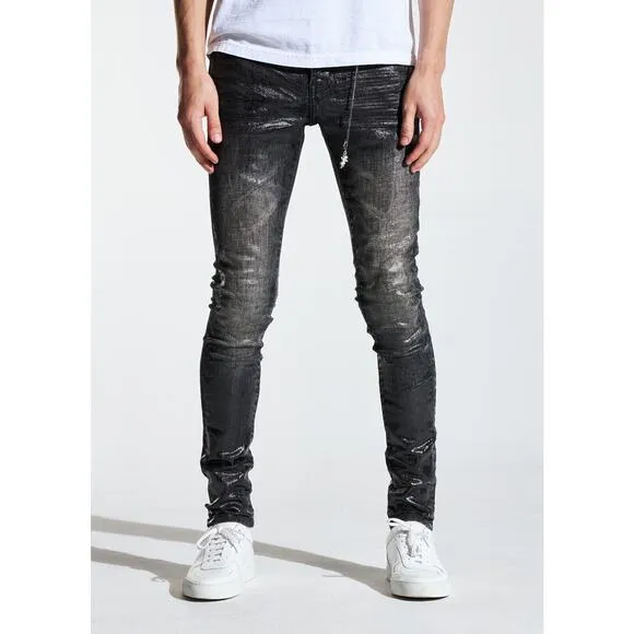 En Noir Men's Cash Black Wax Coated Skinny Fit Denim Jeans
              
      NWT
