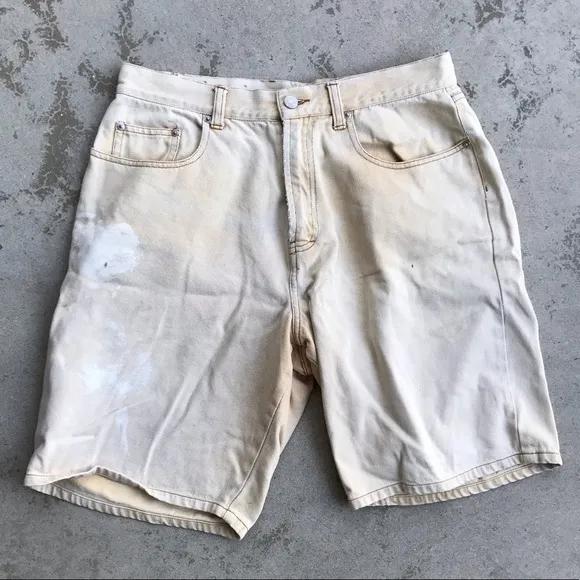 Tan Denim Art Shorts with Paint, Mens 32